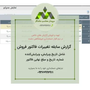 گزارش پویا سابقه تغییرات فاکتور فروش در دشت، شامل تاریخ ویرایش، ویرایش‌کننده، شماره، تاریخ و مبلغ نهایی فاکتور✅دقیق، کاربردی و قابل رهگیری.📞 09366997911