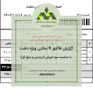 دانلود پرینت فاکتور فروش ۸ سانتی محاسبه سود فروش بدون نیاز به تعریف تخفیف. این گزارش بر اساس تفاوت نوع فروش ۱ و پیش‌فرض، سود را به‌صورت درصدی و مبلغ کل برای مشتری نمایش می‌دهد. 📞09366997911