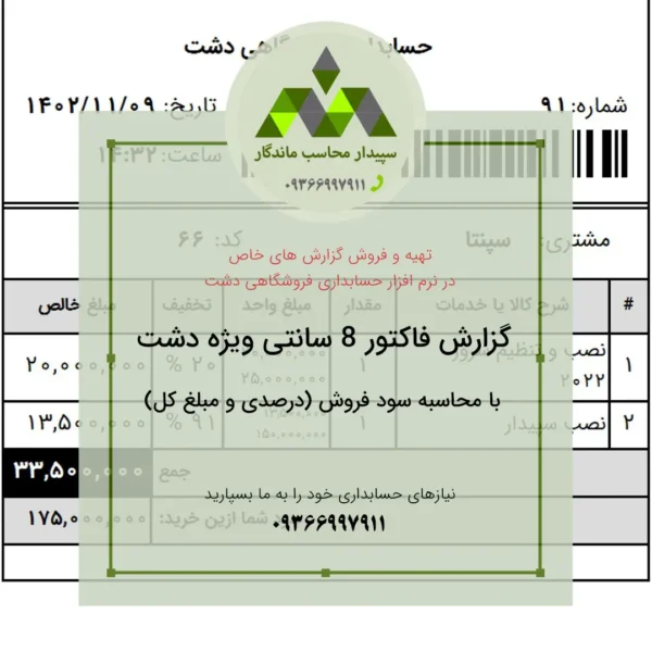 دانلود پرینت فاکتور فروش ۸ سانتی محاسبه سود فروش بدون نیاز به تعریف تخفیف. این گزارش بر اساس تفاوت نوع فروش ۱ و پیش‌فرض، سود را به‌صورت درصدی و مبلغ کل برای مشتری نمایش می‌دهد. 📞09366997911