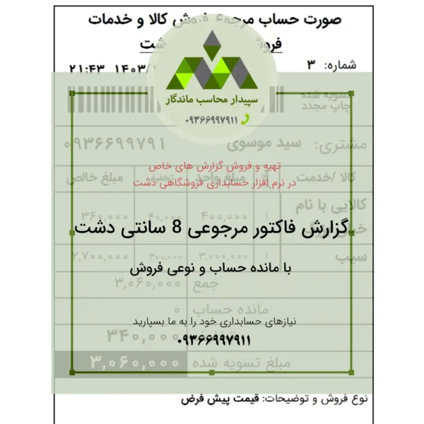 گزارش فاکتور برگشت فروش ۸ سانتی‌متری، اختصاصی نرم‌افزار حسابداری دشت، شامل نمایش نوع فروش و مانده حساب مشتری. چاپ سریع و دقیق روی رول حرارتی ۸ سانتی.✅09366997911